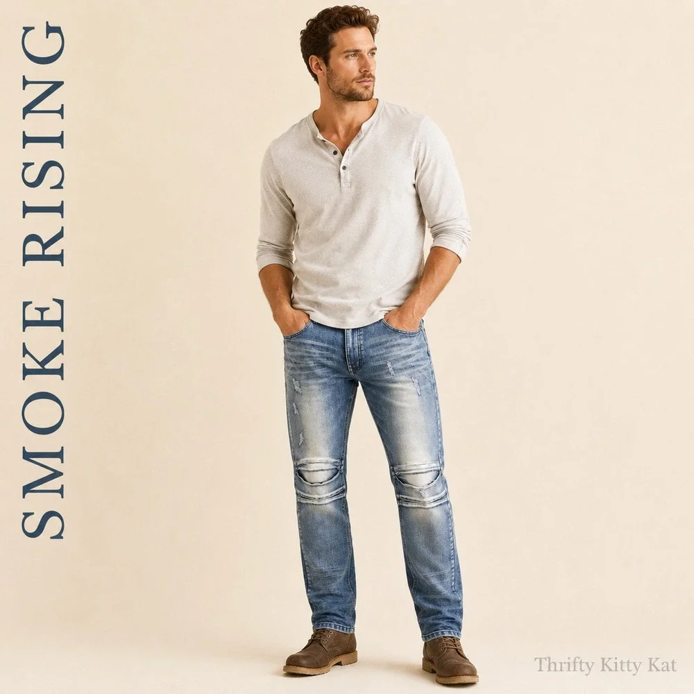 Smoke Rise Distressed Slim Straight Jeans Ripped Knee Moto Light Wash Y2K 34x34